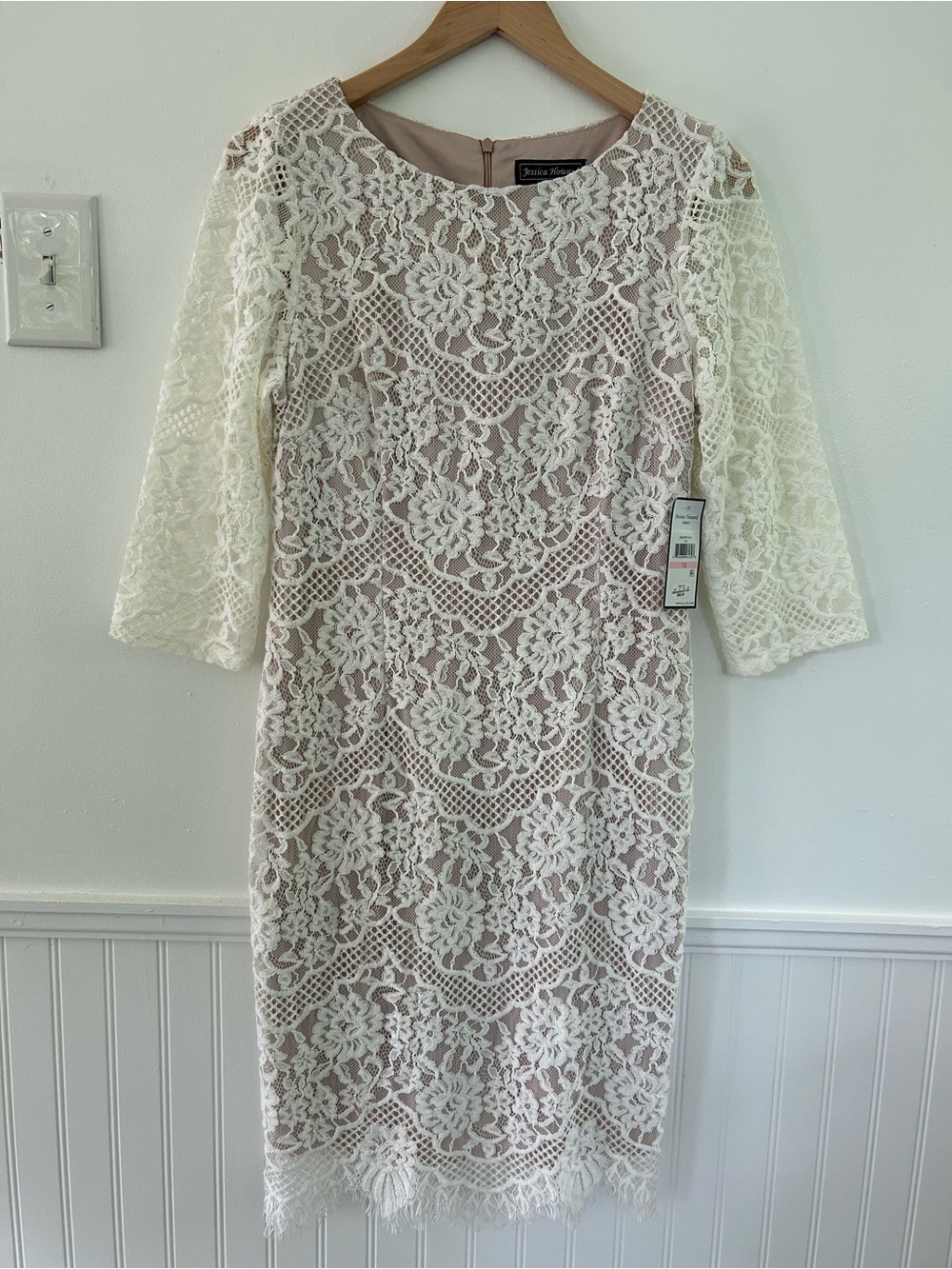 Jessica Howard Ivory Lace Midi Dress with Blush Underlayer